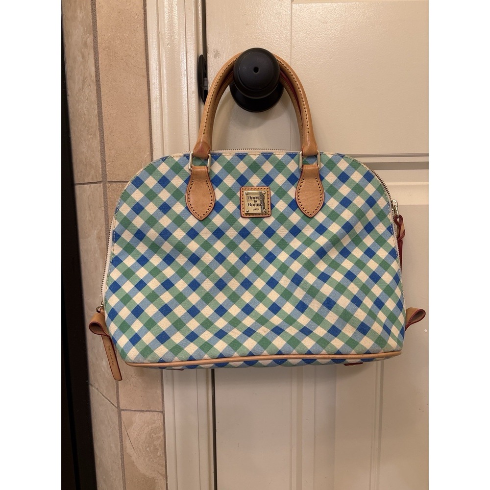 Dooney‎ & Bourke Elise Zip Zip Satchel Blue Green Gingham Plaid Coated Canvas